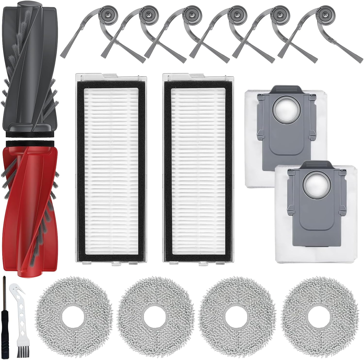 Kit De 18 Pièces De Rechange Pour Aspirateurs Roborock Qrevo Curve/qrevo Curv/qrevo Curv S5x/qrevo Edge S5a/qrevo Edge : 1 Paire De Brosses Principales, 6 Brosses Latérales, 2 Filtres, 4 Chiffons De N
