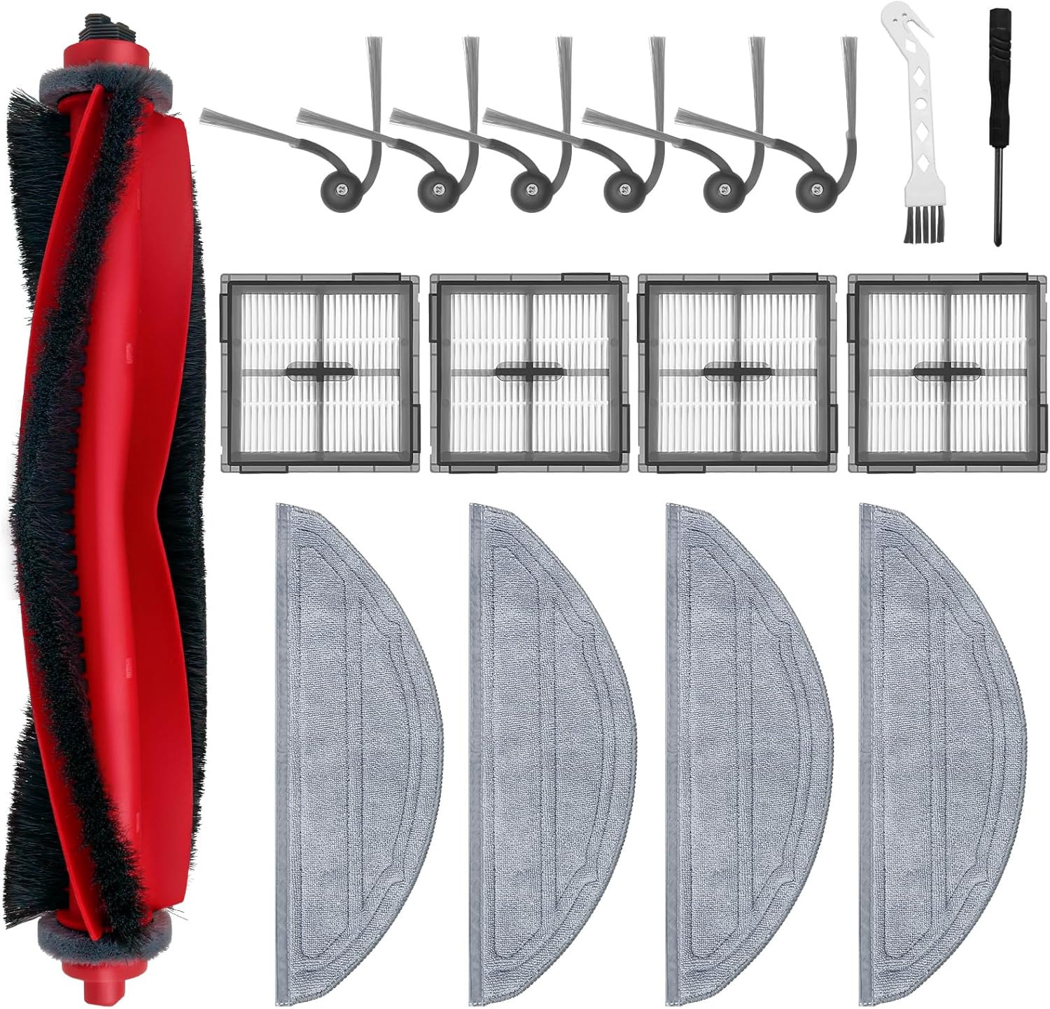 Kit De 17 Pièces De Rechange Pour Aspirateurs Robots Roborock Q10 S5/q10 S5+/q10 X5/q10 X5+, Comprenant : 1 Brosse Principale, 4 Filtres Hepa, 4 Lingettes De Nettoyage, 6 Brosses Latérales Et 2 Outils