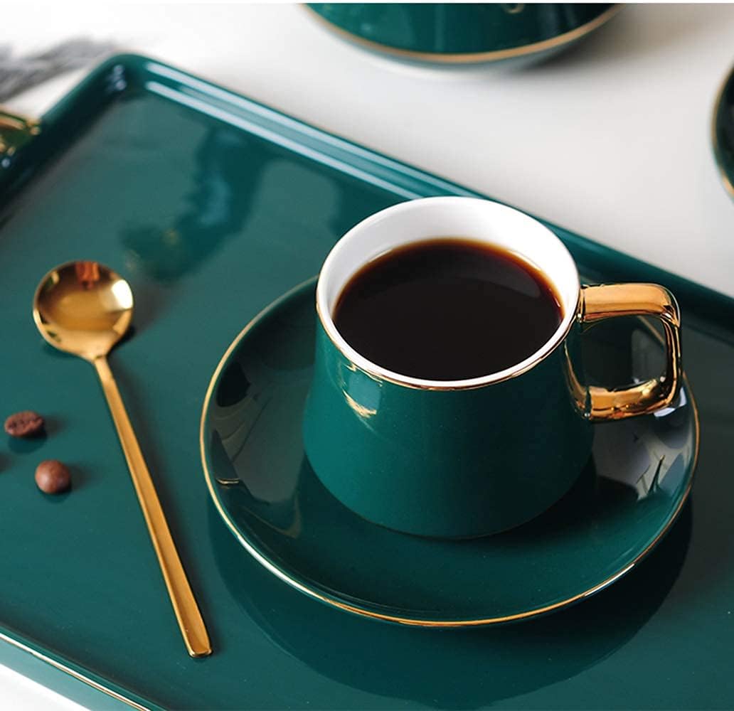 Tasses Et Soucoupes Basiques Pour Thé, Café Ou Cappuccino Pour 1 Personne, Service En Céramique Dorée Européenne, 2 Tasses Vertes Et 2 Grises, 250 Ml