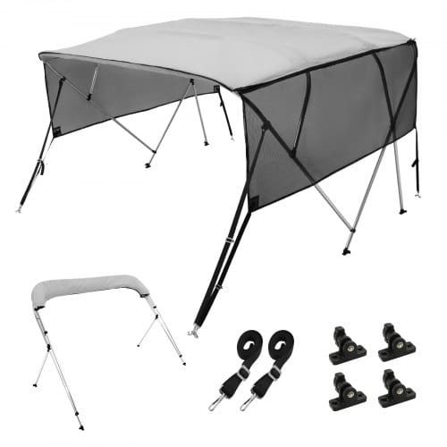 4-bogen-bimini-top-bootsabdeckung, 216–228 Cm Einbaubreite 600d-polyester-überdachung, Bootsverdeck Mit Abnehmbare Mesh-seitenwände, Wasserdicht & Sonnenschutz, Inkl. Aufbewahrungsbox Hellgrau
