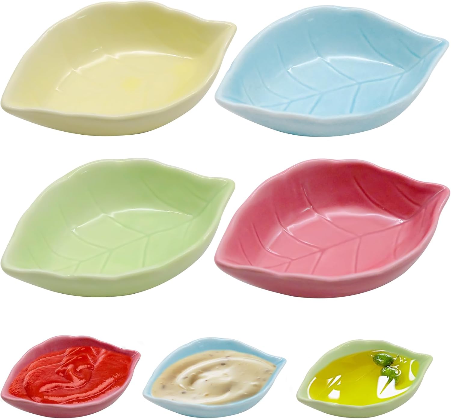 Set Mit 4 Blattförmigen Keramik-saucenschalen – 11 X 7,5 Cm – Blattform – Handgefertigt – 4 Farben – Kleine Snackschalen – Für Sojasauce, Saucen, Gewürze Und Obst