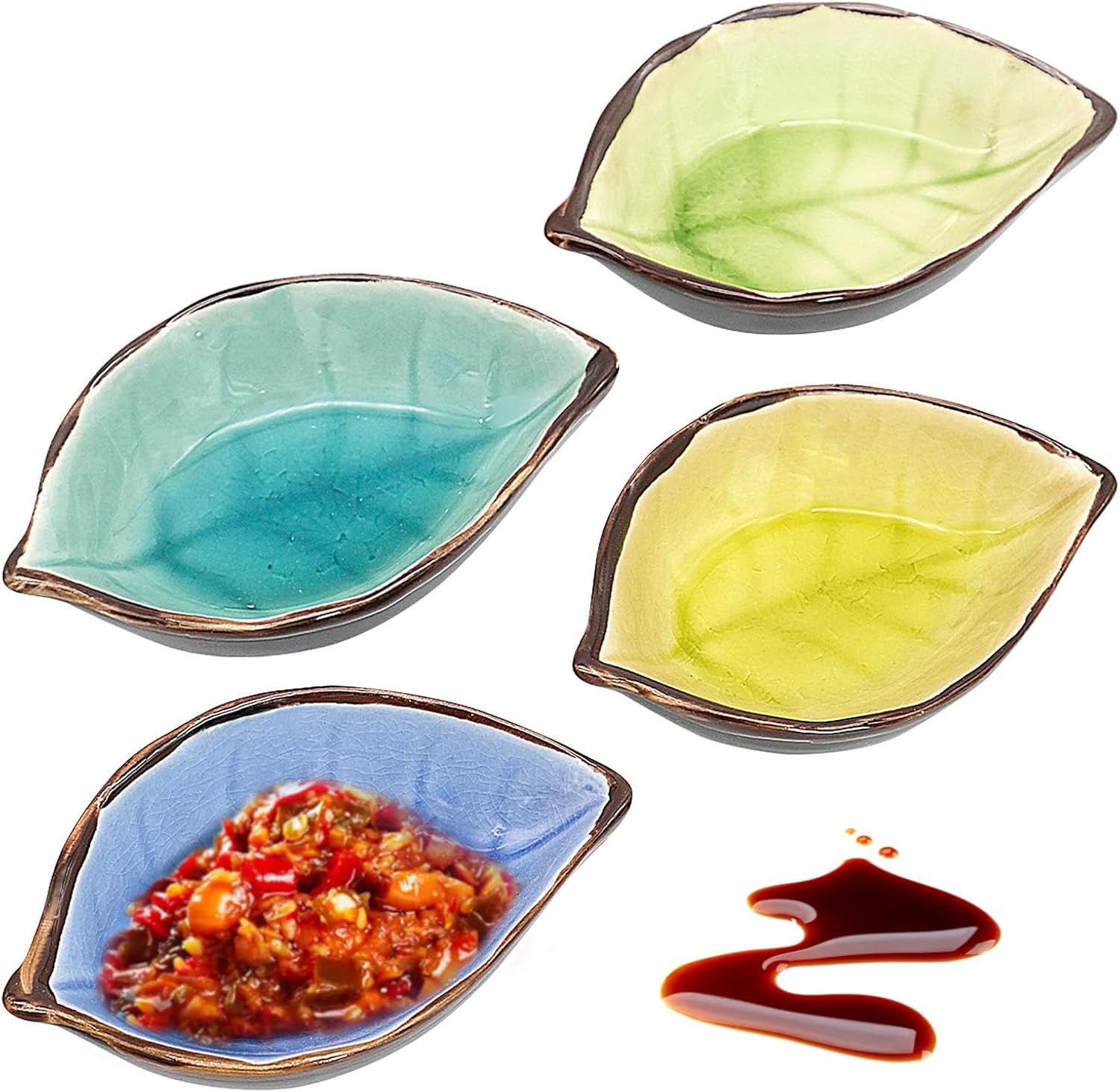 Set Mit 4 Kleinen Keramik-saucenschalen In Blattform - 7 X 10 Cm - 4 Farben - Für Sojasauce, Saucen, Gewürze