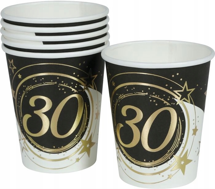 Pappbecher Zum 30. Geburtstag, Gold-schwarz-party, 240 Ml, 6 Stück.