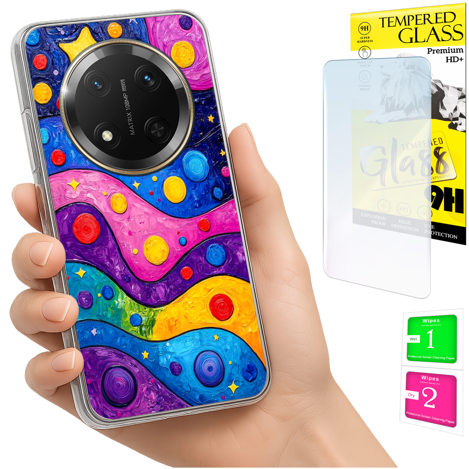 Schutzhülle Für Honor Magic7 Lite: Fotohülle Mit Wellenmuster Auf Der Rückseite + Glas