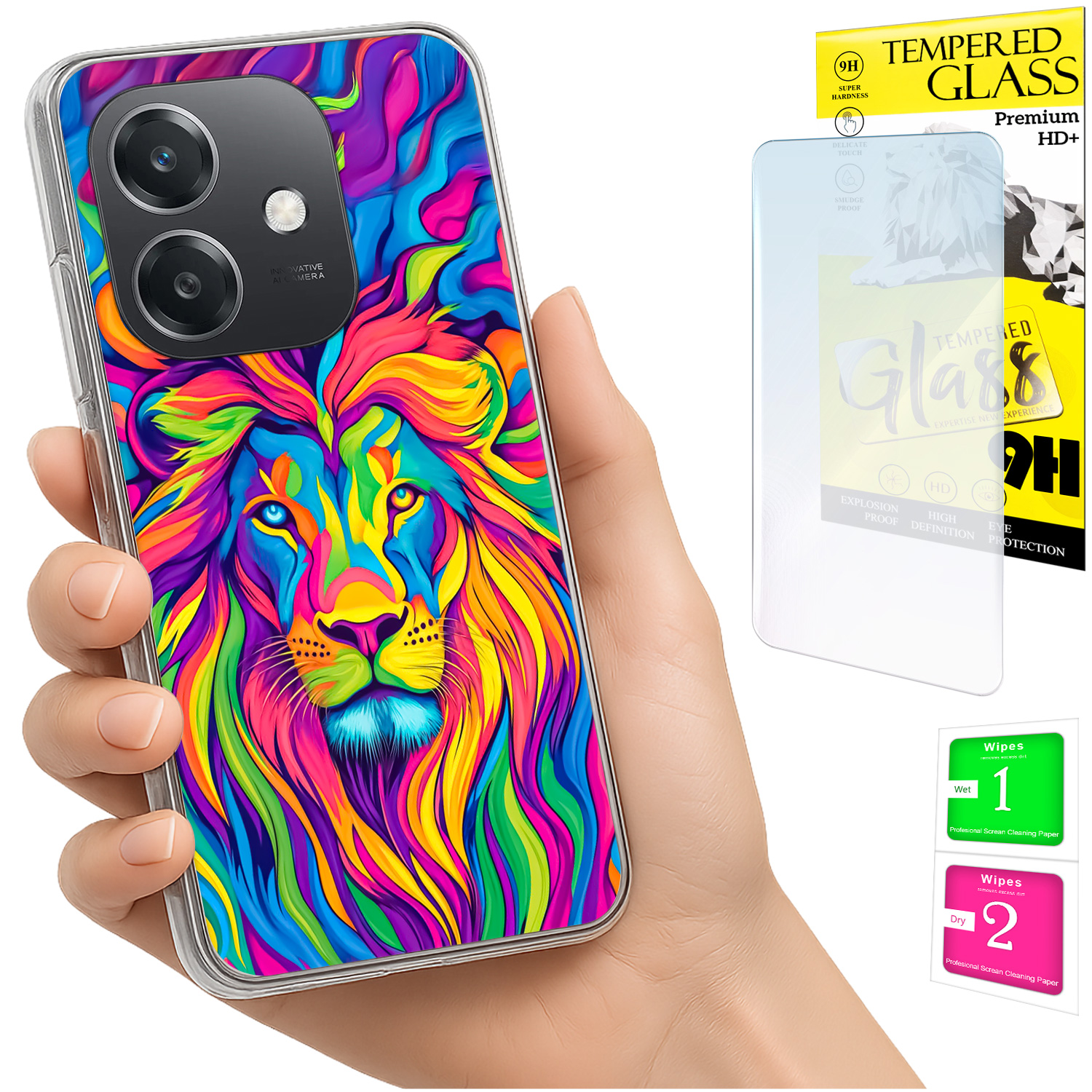 Schutzhülle Für Oppo A40 / A40m / A60 5g: Foto-rückseite Mit Löwenmotiv Und Glas
