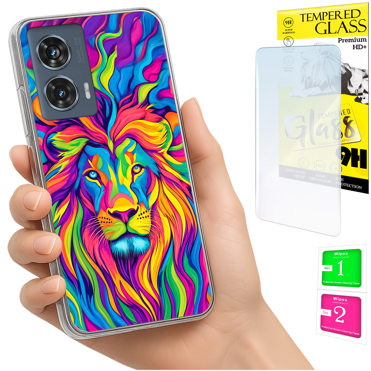 Schutzhülle Für Motorola Edge 50 Fusion: Fotohülle Mit Löwenmotiv Auf Der Rückseite + 9h-glas