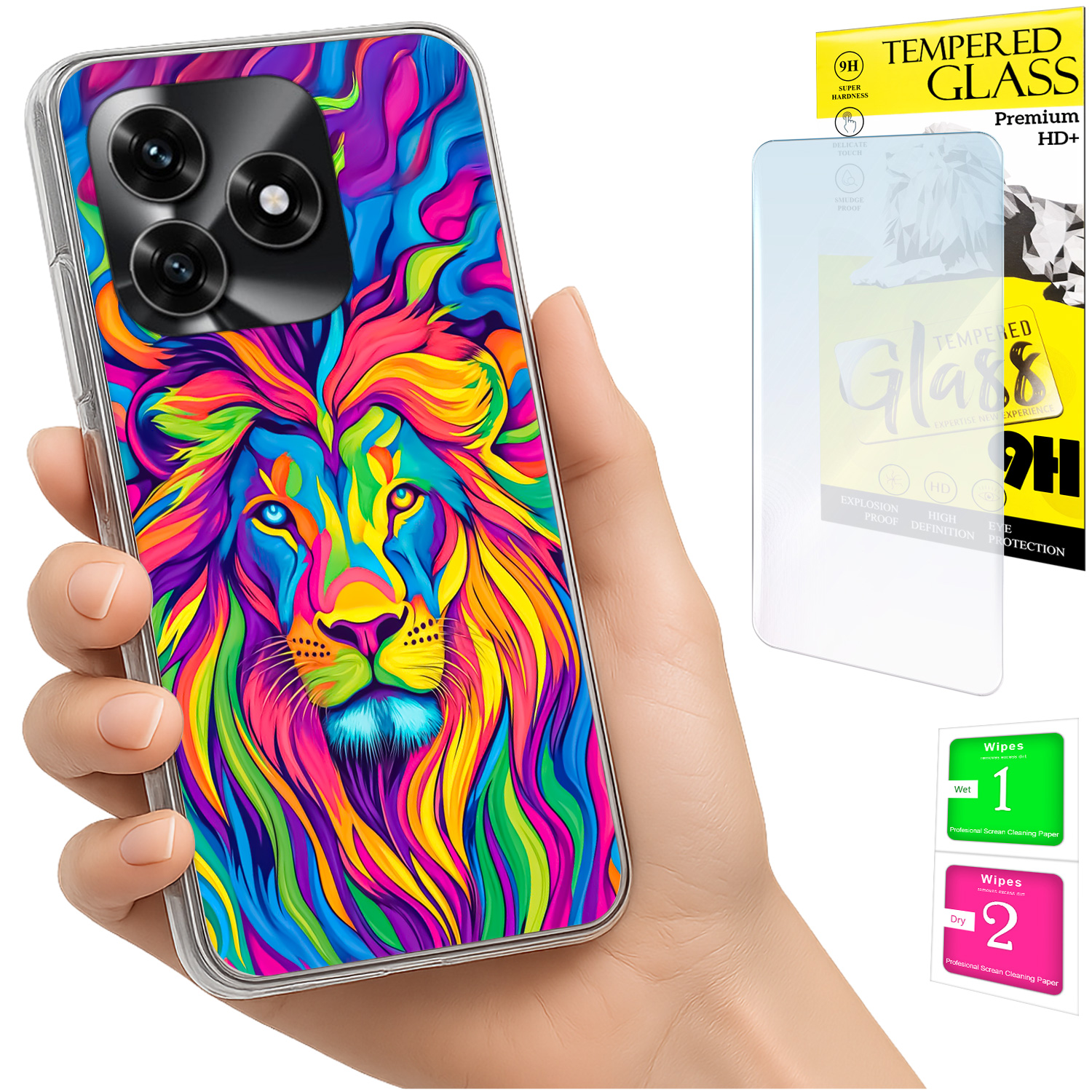 Schutzhülle Für Honor X5c Plus / X5c 4g: Foto-rückseite Mit Löwenmotiv Und 9h-glas