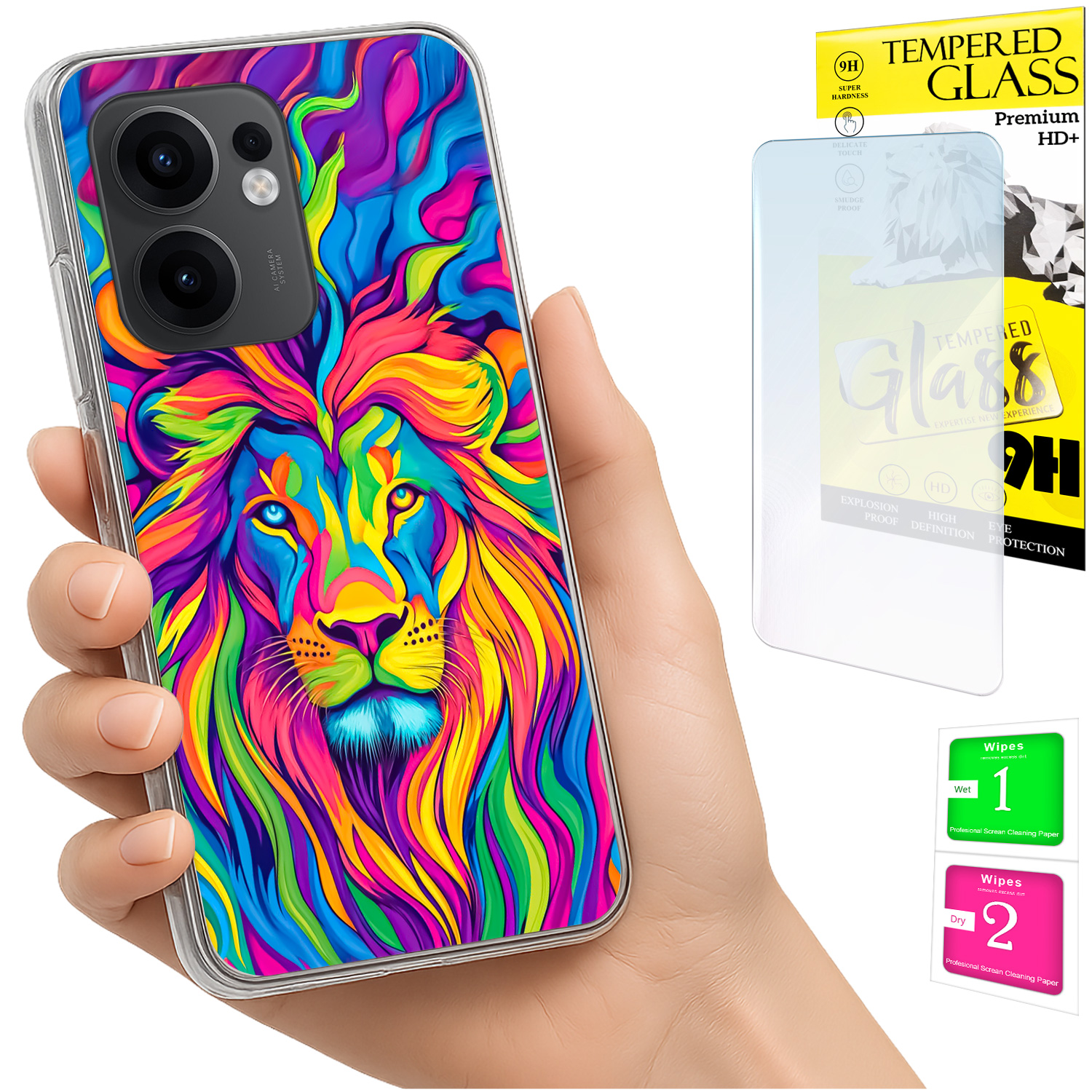 Schutzhülle Für Oppo Reno 13f 5g / 13 Fs 5g: Foto-rückseite Mit Löwenmotiv Und 9h-glas