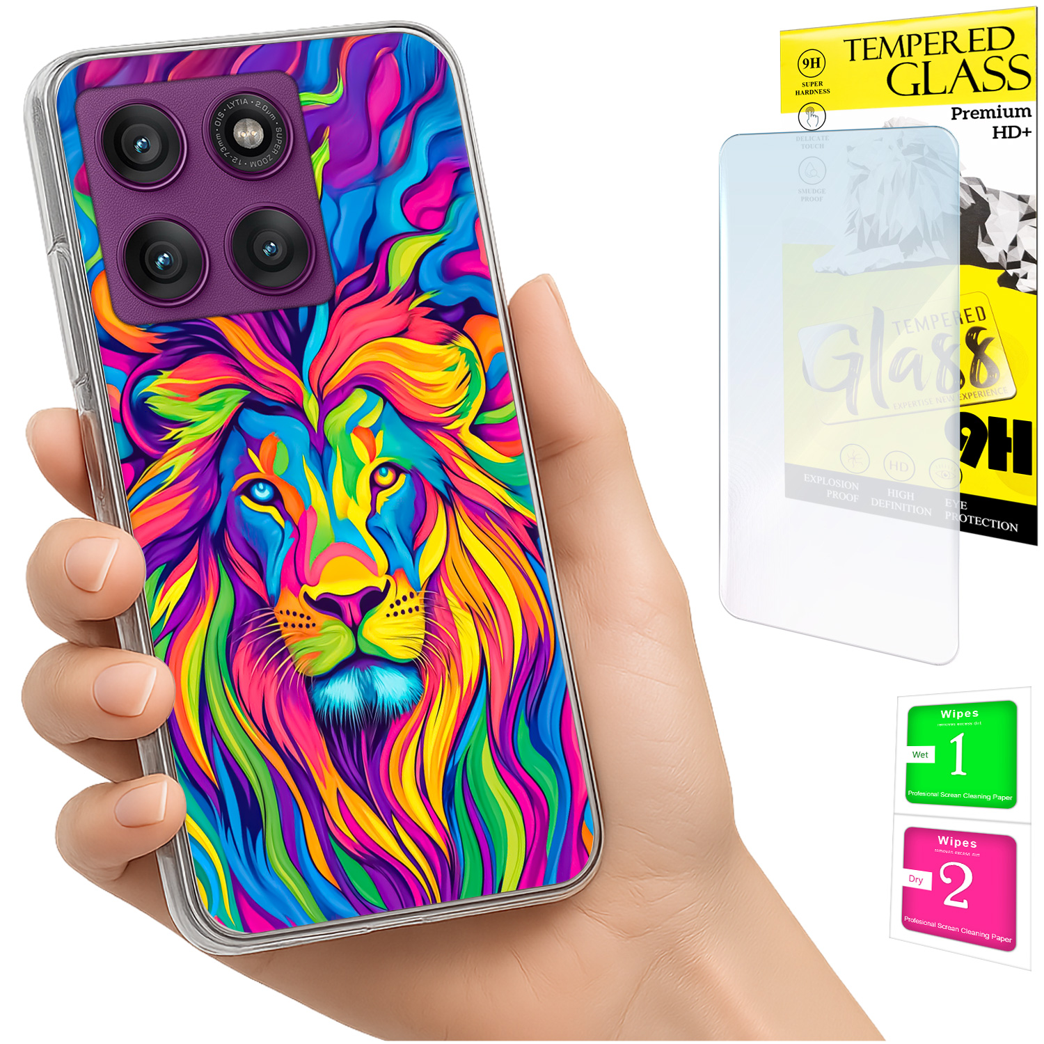 Schutzhülle Für Motorola Edge 60 Pro: Fotohülle Mit Löwenmotiv Auf Der Rückseite + 9h-glas