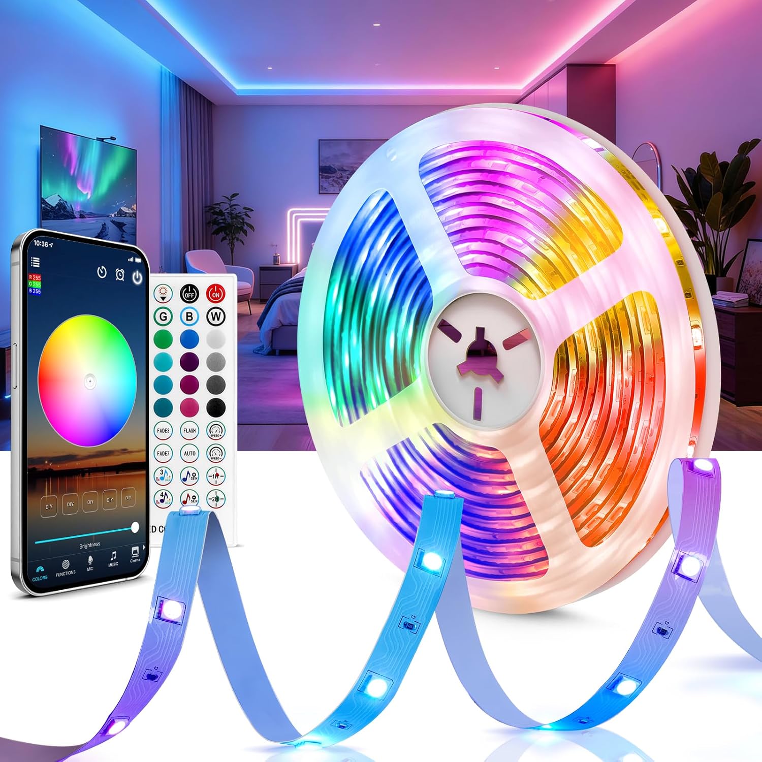 Ruban Led Rgb 24 V, Ruban Led Pour Chambre À Coucher Avec Télécommande Et Application Bluetooth, Ruban Led Pour Gaming, Ruban Led D'Intérieur À Utiliser Au Plafond, Sur Les Murs Et Autour Du Lit, Ruba