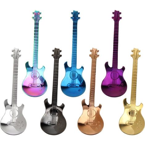 7-teiliges Set Gitarrenförmiger Kaffeelöffel Aus Edelstahl, Kleine Löffel Mit Langem Griff Zum Mischen Von Milchshakes, Tee, Desserts Und Getränken