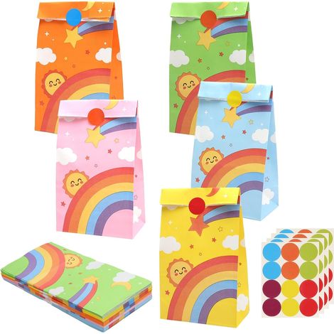 50 Bunte Papiertüten Für Kindergeburtstage Mit 48 Aufklebern, Regenbogen-geschenktüten Für Süßigkeiten, Geschenktüten Für Hochzeiten, Taufen, Halloween, Weihnachten (22 X 12 X 7 Cm)
