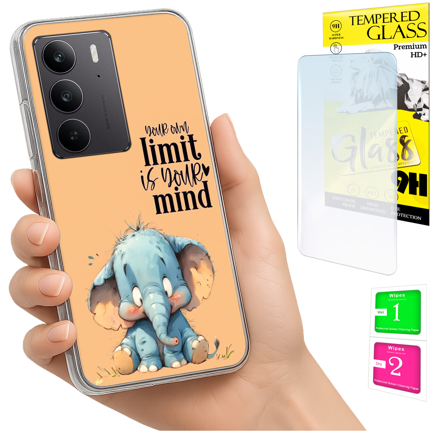 Schutzhülle Für Realme C75 / 14x 5g Mit Elefantenmotiv Auf Der Rückseite Und 9h-glas