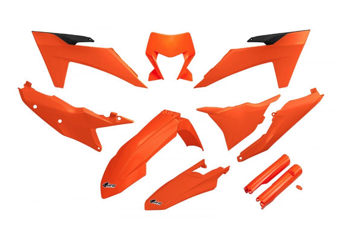 Ufo-kunststoffset (komplettset) Mit Teleskop-schutzbügeln (stoßdämpfern) Ktm Exc 150 / 250 / 300 Tbi '24-'25, Exc-f 250 / 350 / 450 / 500 '24-'25 Orange