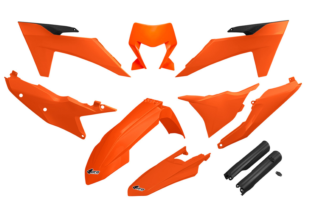 Ufo 2024/11 Kunststoff-set (komplettset) Mit Teleskop-schutzbügeln (stoßdämpfern) Ktm Exc 150 / 250 / 300 Tbi '24-'25, Exc-f 250 / 350 / 450 / 500 '24-'25 Oem-farbe '25 (orange / Schwarz)