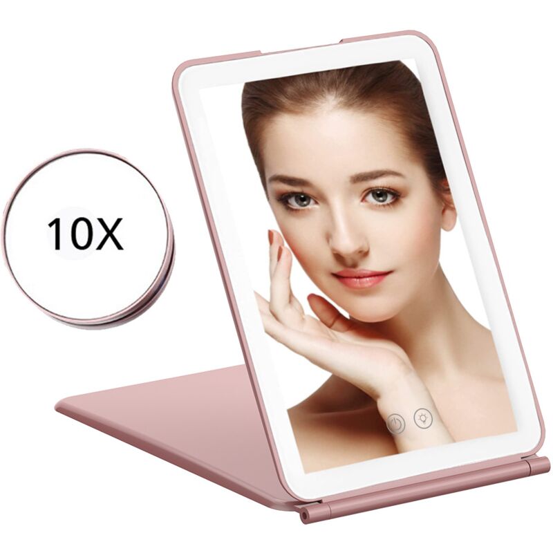 Pinkfarbener, Faltbarer Kosmetikspiegel, 3-farbige Led-beleuchtung, 1-fache/10-fache Vergrößerung, Touch-bedienung, Ideal Für Reisen Und Büro