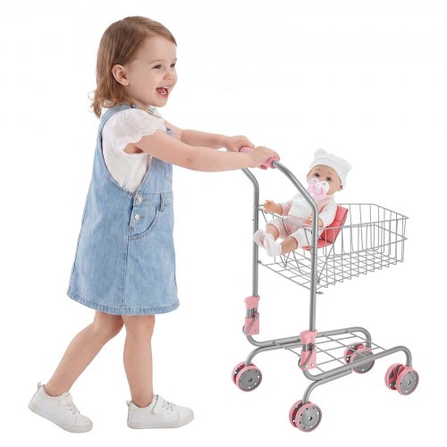 Einkaufswagen Für Kinder, Einkaufswagen Supermarkt Spielzeug Mit Klappsitz Für Puppen Stahlrahmen & Rollen, Faltbares Kaufladenzubehör Mit Puppen-spielset, Kaufmannsladen Spiele Für Kinder Ab 3