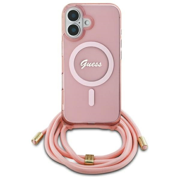 Guess Guhmp16shctsgnsp Iphone 16 6,1" Pink/pink Hardcase Crossbody Cord Script Magsafe