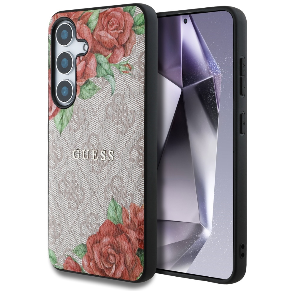 Guess Lederhülle 4g Mit Blumenmuster, Metall-logo Und Magsafe Für Samsung Galaxy S25, Pink