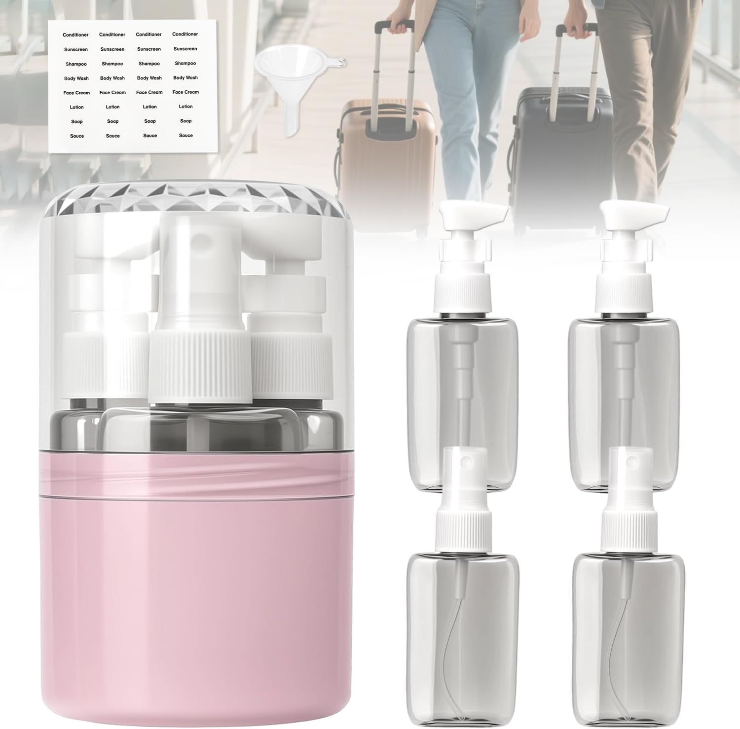 4-in-1 Reisespender, 50 Ml Nachfüllbare 4-in-1 Reiseflasche, Auslaufsicheres Flugzeugset Mit Etiketten, Mini-reisespender Für Shampoo, Lotion Und Spülung (m1)