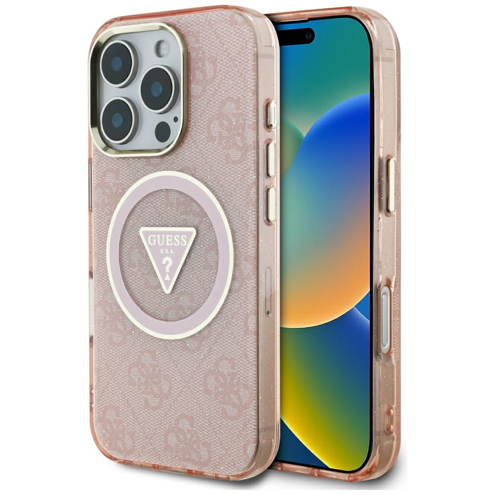 Guess Iml Metal Glitter 4g Circle Triangle Magsafe Hülle Für Iphone 16 Pro Pink