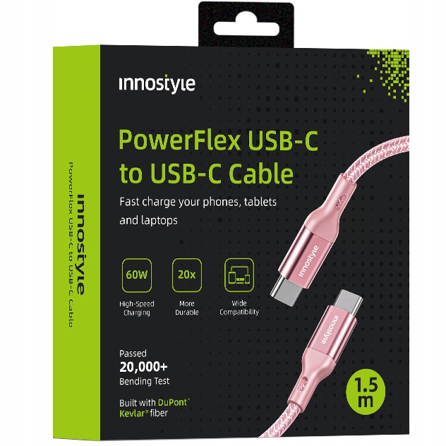 Innostyle Powerflex Usb-c Schnellladekabel Für Iphone Und Samsung, 3a 60w, Kevlar, 2 M, Pink