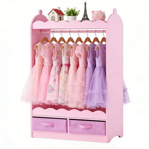 Kinderkleiderschrank 604x339x1080mm, Kindergarderobe Mit Spiegel Kleiderstange Ablagen, Verkleidungsschrank Aus Mdf Mit Stoffschubladen Für Mädchen, Kinderschrank Für Kostüme Schlafzimmer, Rosa