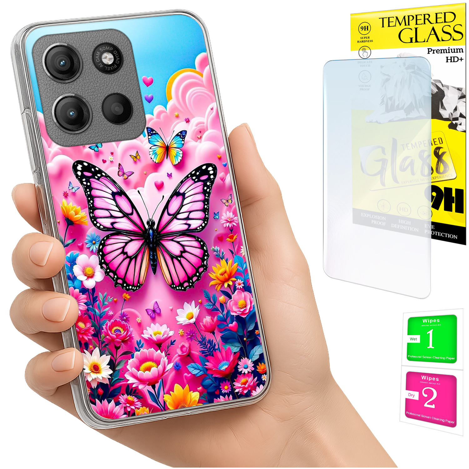 Schutzhülle Für Motorola Moto G15: Fotohülle Mit Schmetterlingsrückseite + Glas