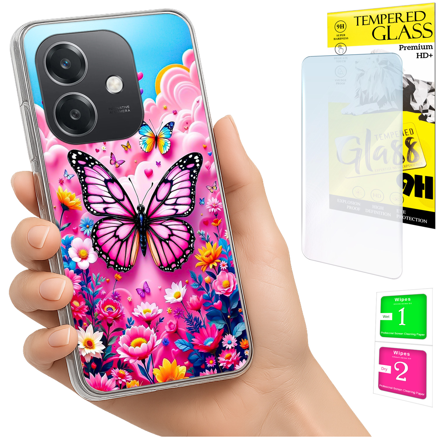 Schutzhülle Für Oppo A40 / A40m / A60 5g, Foto-rückseite Mit Schmetterlingsmotiv + Glas