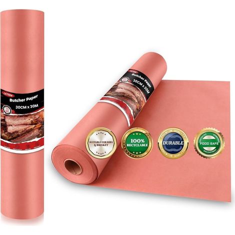 Metzgerpapierrolle, 30 Cm X 30 M, Lebensmittelecht, Ungebleicht, Ungewachst, Unbeschichtet, Rosa Kraftpapier. Geeignet Für Räucheröfen, Grills, Barbecues Und Zum Garen Von Saftigem Fleisch.