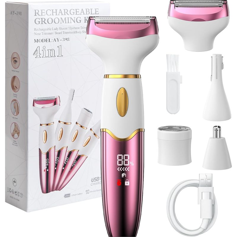 4-in-1 Elektrorasierer Für Damen Mit Digitalanzeige, Ipx7 Wasserdicht, Zur Gesichtshaarentfernung Und Intimrasur Für Gesicht, Intimbereich, Achseln Und Beine, Wiederaufladbar