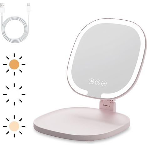 Beleuchteter Kosmetikspiegel Mit Led, Tragbarer Reisespiegel, Wiederaufladbarer Super-hd-spiegel Mit Touchscreen, Faltbarer Kosmetikspiegel Mit 3 Beleuchtungsmodi (pink)