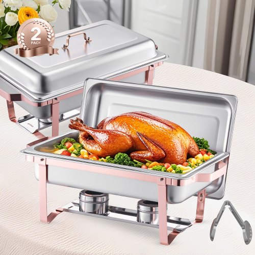 Chafing Dish Set 2 Stk. Speisenwärmer Edelstahl Mit 2 Pfannen (7,5 L) In Voller Größe, Rechteckiger Catering-wärmespender Mit Deckel & Wasserpfannenständer & Brennstoffhalter, Roségold