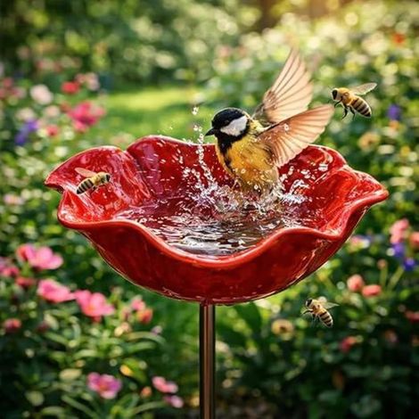 Neues, Handgefertigtes Vogelbad Mit Blumenmuster, Dekorative Metallschale Mit Blumendekor, Farbenfrohe Vogelbadeschale In Bienen- Und Schmetterlingsform, Für Garten, Terrasse, Hof Und Rasendekoration