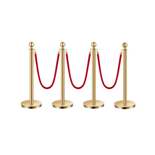 Absperrpfosten Absperrung (4 Stk.) Zur Steuerung Von Menschenmengen Mit 3 Roten Samtseilen (1,5 M Lang), Absperrständer Aus Edelstahl Mit Nachfüllbarem Sockel Für Ausstellungen Golden
