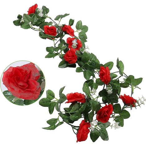 Set Mit 2 Künstlichen Rosengirlanden Mit Je 10 Köpfen, Naturgetreuen Grünen Seidenblättern Und Roten Akzenten, Romantische Dekoration Für Zuhause, Garten Und Hochzeitsfeiern, 2,2 M