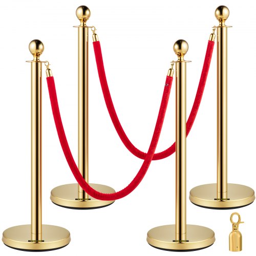 Edelstahl Absperrpfosten Seil Abgrenzungsständer Kugelkopf 2 Rote Samtseile Goldene Säule 4 Packung Crowd Control Barriers