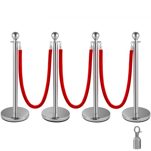 Edelstahl Absperrpfosten Seil Abgrenzungsständer Kugelkopf 3 Rote Samtseile Silberne Säule 4 Packung Crowd Control Barriers