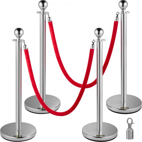 Edelstahl Absperrpfosten Seil Abgrenzungsständer Kugelkopf 2 Rote Samtseile Silberne Säule 4 Packung Crowd Control Barriers
