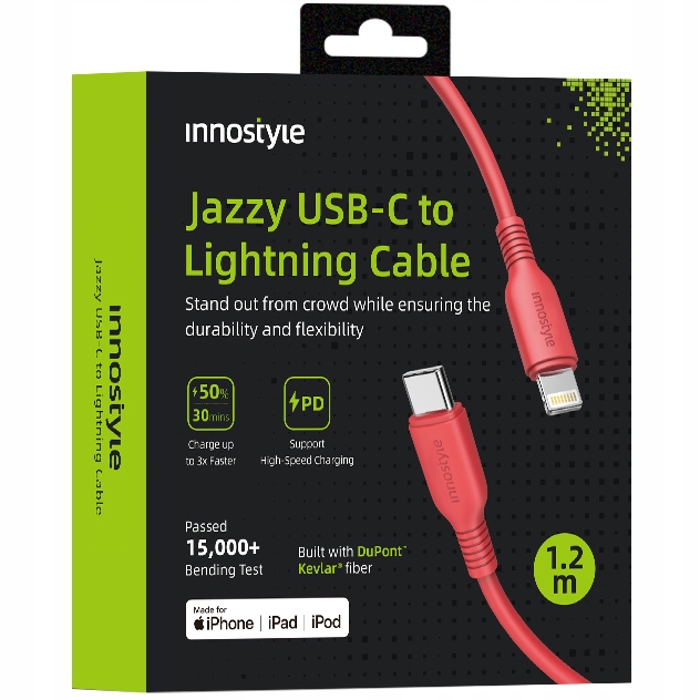 Innostyle Jazzy Usb-c Lightning-kabel Mfi-schnellladefunktion Für Iphone, Kevlar, 1 M, Rot