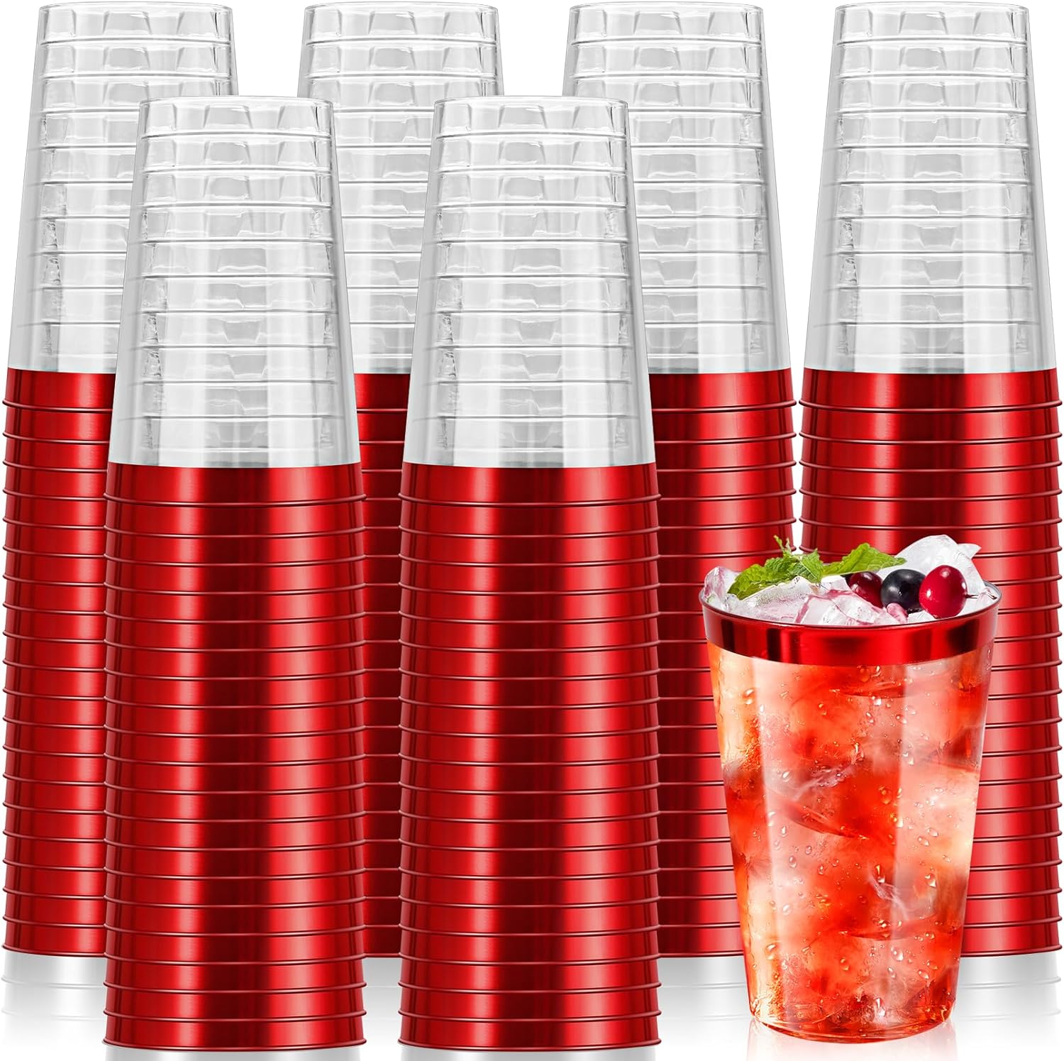 Lot De 50 Gobelets De Fête En Plastique Rigide Avec Bord Rouge, 340 Ml, Réutilisables Et Élégants, Parfaits Pour Les Fêtes, Anniversaires, Mariages Et Le Camping.