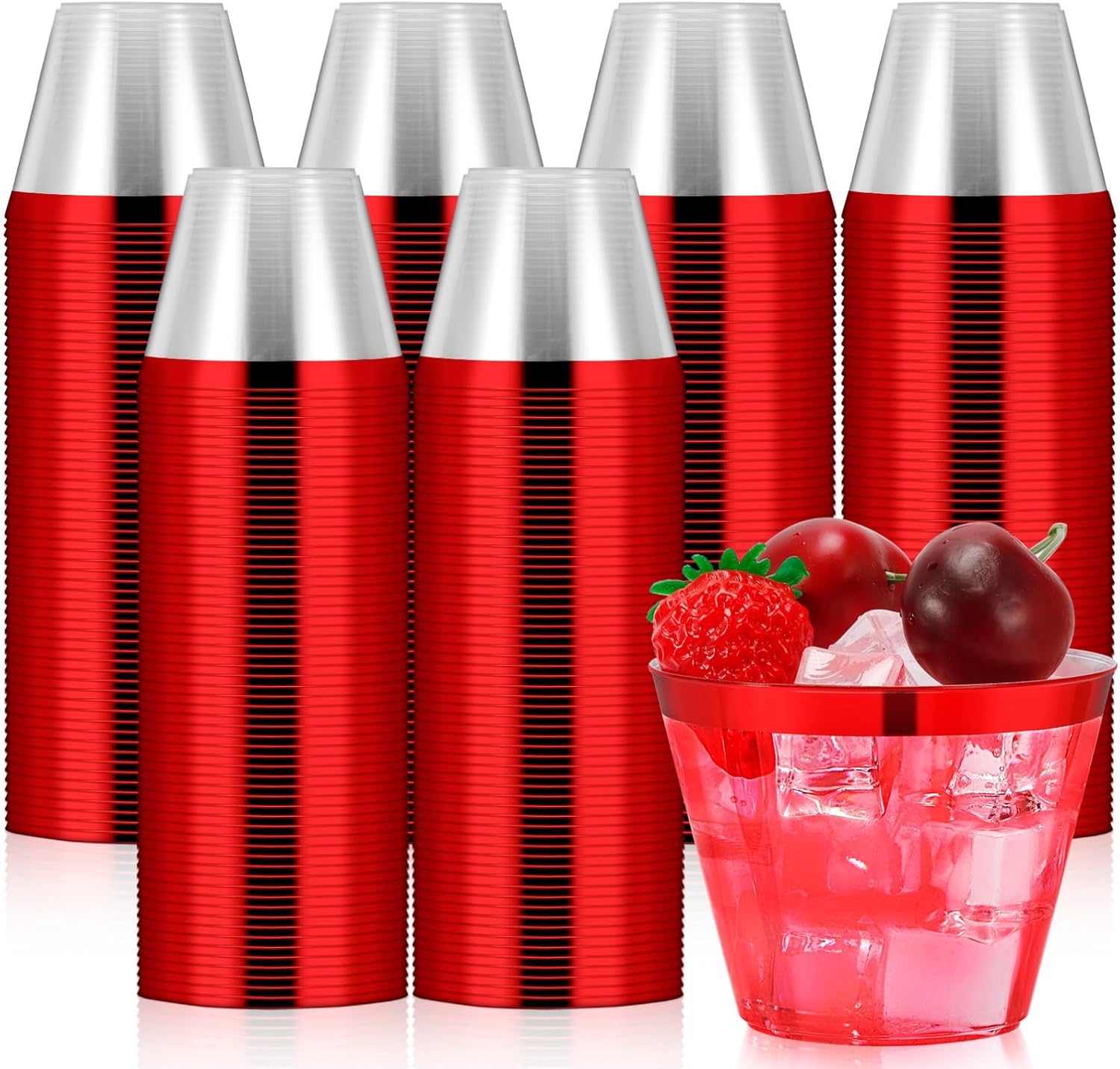 Lot De 50 Gobelets De Fête À Bord Rouge, 255 Ml, En Plastique Rigide, Réutilisables Et Élégants, Parfaits Pour Les Fêtes, Anniversaires, Mariages Et Le Camping.