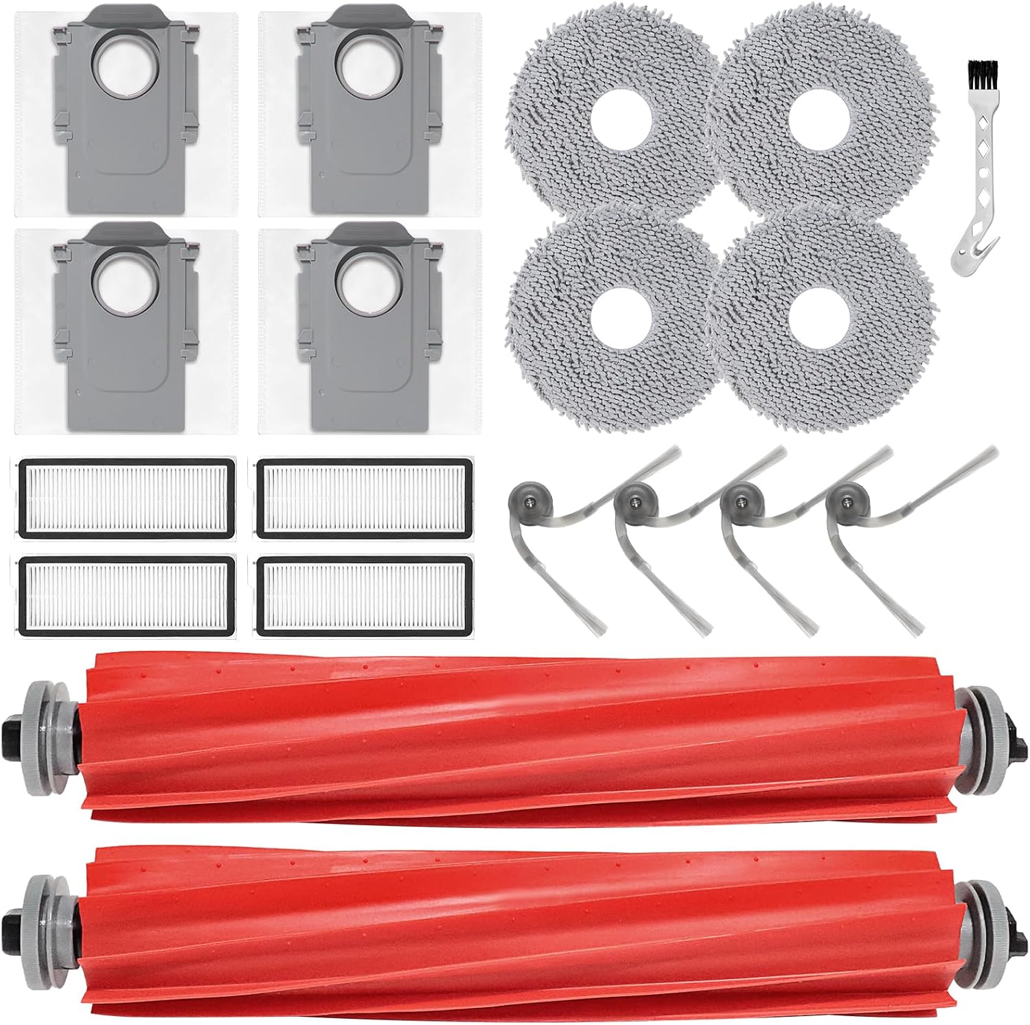 Pièces Détachées Pour Aspirateurs Robots Roborock Qv 35a / Qv 35s / Qr 798 / Qr 598 : 2 Brosses Principales, 4 Chiffons, 4 Sacs À Poussière, 4 Filtres, 4 Brosses Latérales