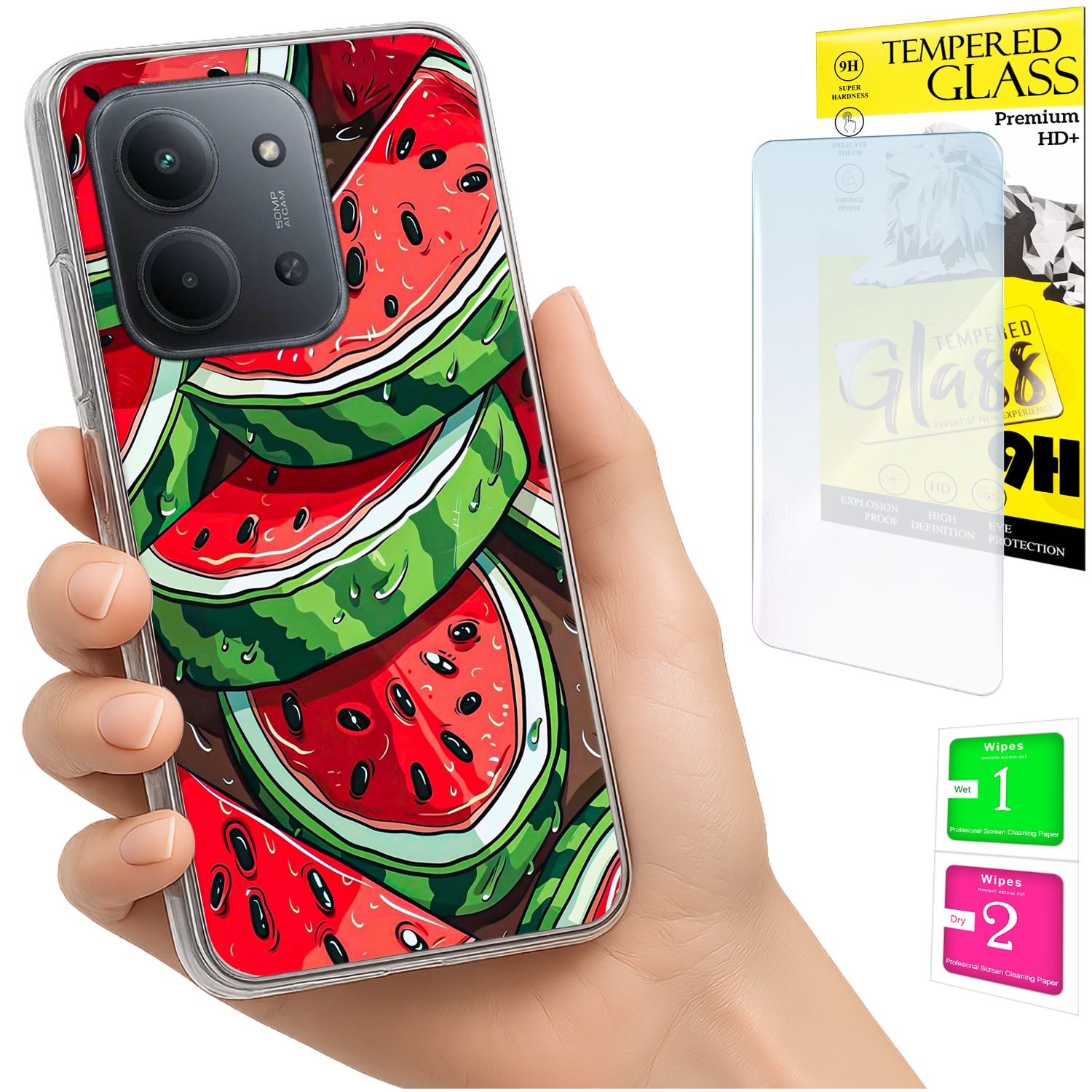 Schutzhülle Für Xiaomi Redmi 15c 5g 173 Mm / Poco C85, Rückseite In Wassermelonen-optik + 9h-glas