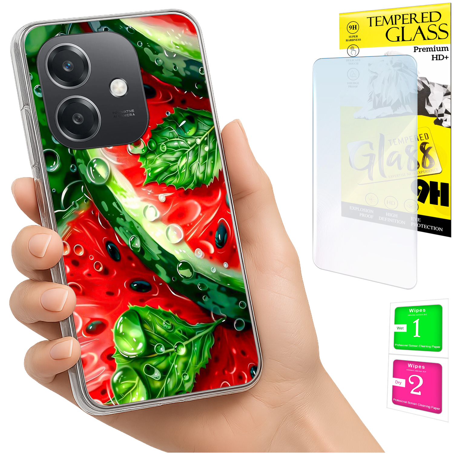 Schutzhülle Für Oppo A40 / A40m / A60 5g, Foto-rückseite, Wassermelonen-motiv + Glas