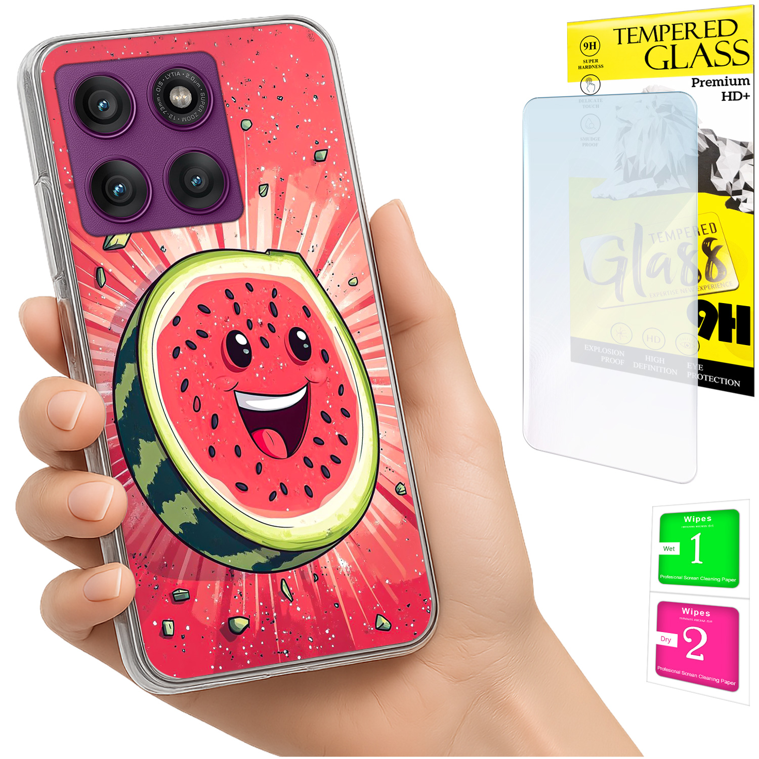 Schutzhülle Für Motorola Edge 60 Pro, Rückseite Mit Fotomotiv, Wassermelonen-optik + 9h-glas