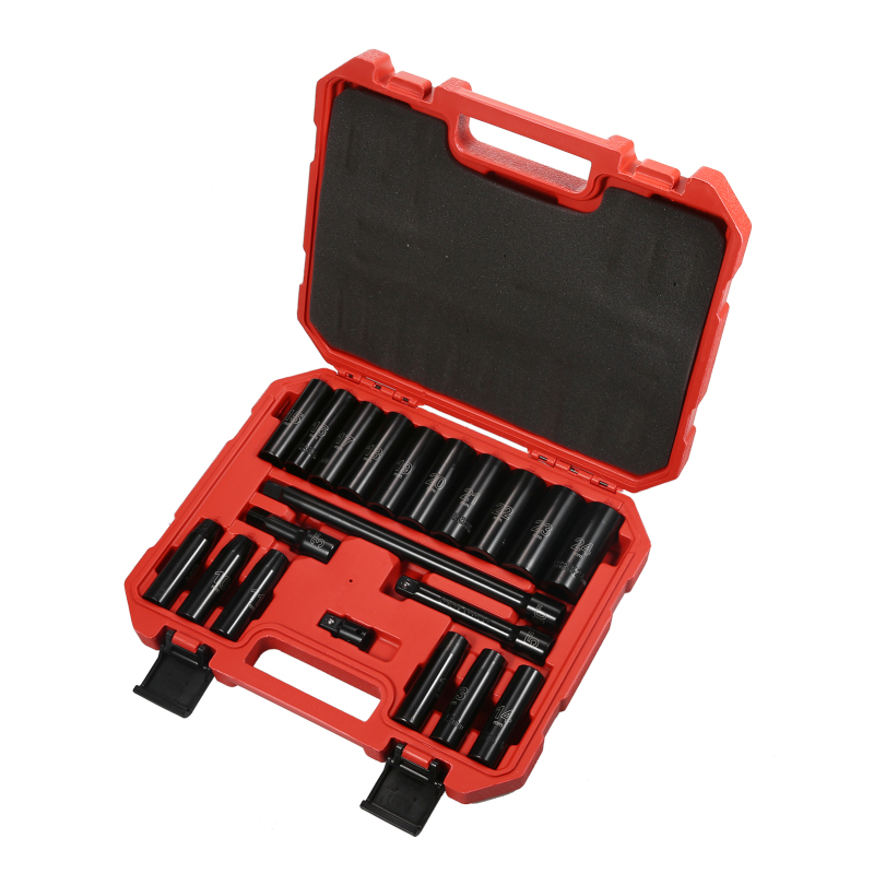 Satz Von 20 Metrischen 1/2 Zoll Tiefen Schlagstecknüssen Aus Crv-stahl, Oberflächenelektrophorese-beschichtung Und Gravur, Rotes Etui.