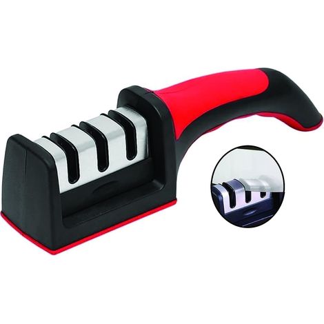 Dreiphasiger Roter Messerschärfer Für Küchenmesser. Professionelle Ergebnisse. Ergonomisches Design. Keramikstein. Wolframkarbid. Diamant. Schwarze Chromoberfläche.