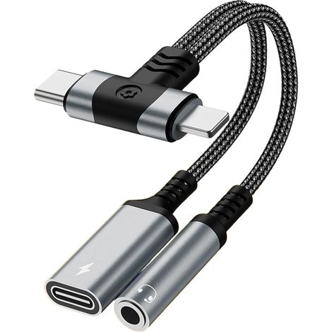 2-in-1 Lightning- Und Usb-c-auf-3,5-mm-klinken-audioadapter, 60-w-pd-schnellladekabel, Kompatibel Mit Iphone/ipad/samsung, Schwarz