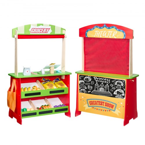 2-in-1 Spielset Puppentheater Aus Holz Mit Vorhängen, Kaufmannsladen, Doppelseitiges Holzspiel Mit Tafel Und Registrierkasse, Marktstand Zum Rollenspiel Für Kinder Ab 3 Jahren